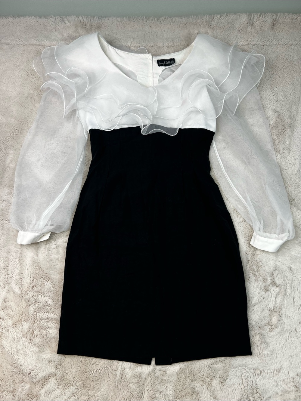 Joseph Ribkoff Black White Sheer Ruffle Organza Dress Balloon Sleeve Rare Vintag